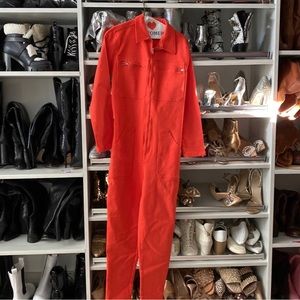 Red denim zip up jumpsuit coveralls, size small